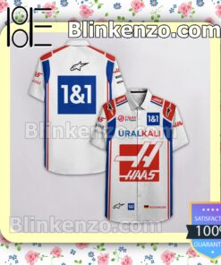 Mick Schumacher Haas F1 Team Racing Uralkali Alpinestars 1&1 White Summer Hawaiian Shirt b
