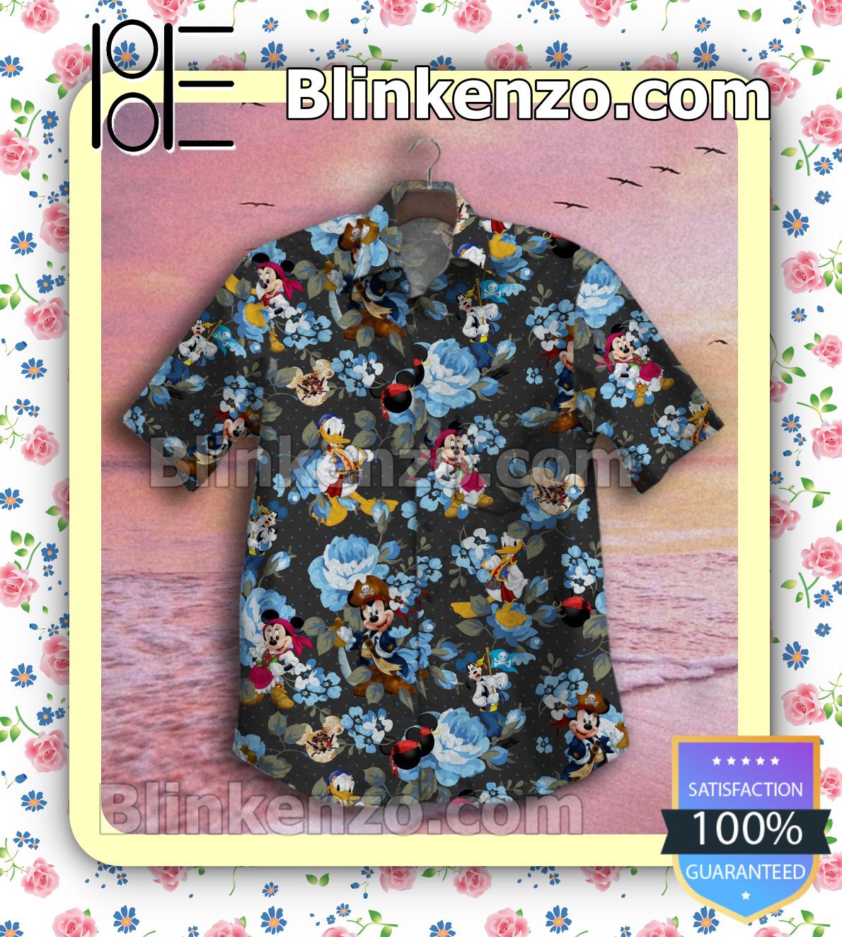 Mickey Donald And Goofy Blue Flowers Summer Shirts