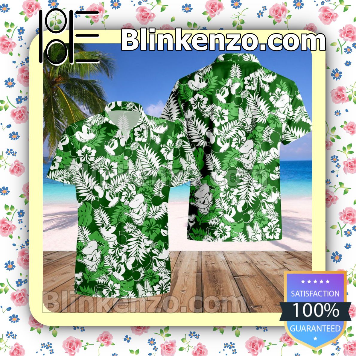 Mickey & Friends Floral Pattern Green White Summer Hawaiian Shirt, Mens Shorts
