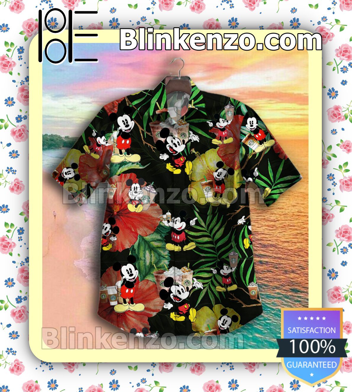 Mickey Hibiscus Black Summer Shirts
