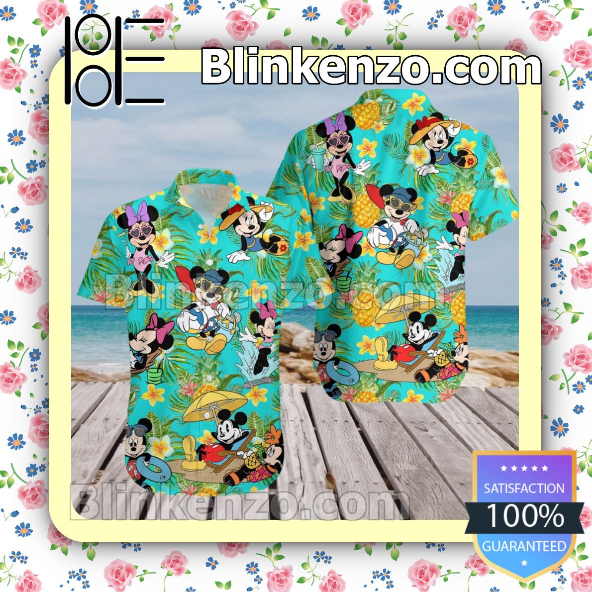 Mickey & Minnie Vacation Disney Cartoon Graphics Summer Hawaiian Shirt, Mens Shorts