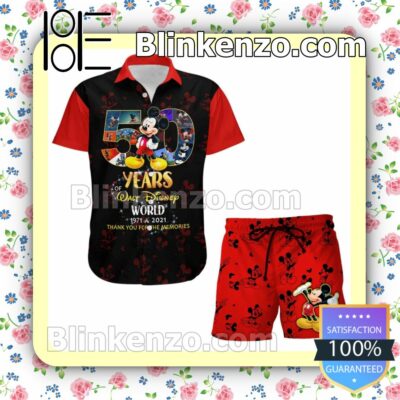 Mickey Mouse 50th Anniversary Glitter Disney Castle Black Red Summer Hawaiian Shirt, Mens Shorts
