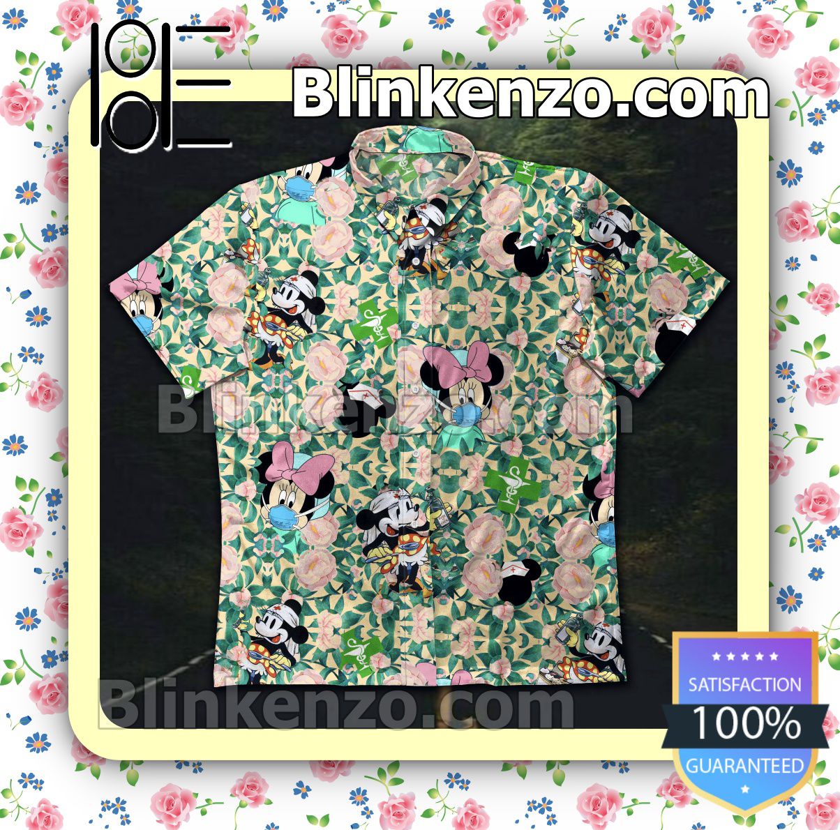 Mickey Mouse And Minnie Mouse Nurse Pink Flower And Green Leaves Summer Shirts