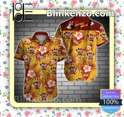 Mickey Mouse And Minnie Mouse Red Tropical Floral Yellow Summer Shirts