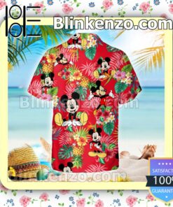 Mickey Mouse Disney Pineapple Hibicus Red Summer Hawaiian Shirt, Mens Shorts a