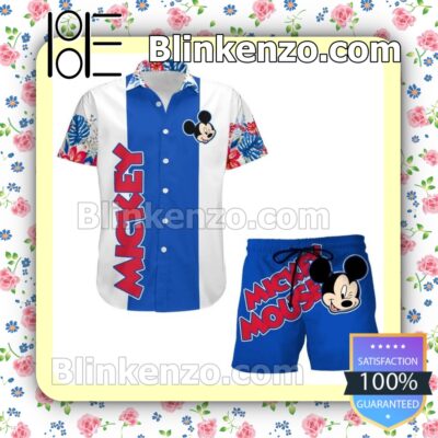 Mickey Mouse Floral Stripe Disney Cartoon Graphics White Blue Summer Hawaiian Shirt