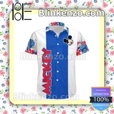 Mickey Mouse Floral Stripe Disney Cartoon Graphics White Blue Summer Hawaiian Shirt a