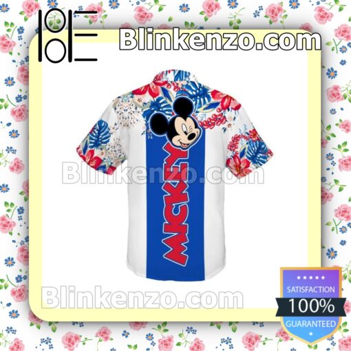 Mickey Mouse Floral Stripe Disney Cartoon Graphics White Blue Summer Hawaiian Shirt b