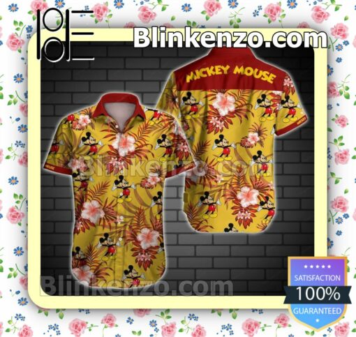 Mickey Mouse Red Hibiscus Palm Leaves Yellow Summer Shirt