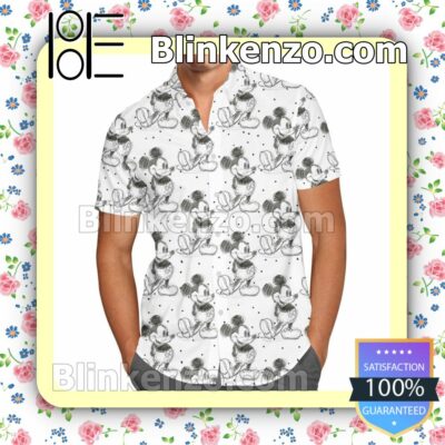 Mickey Mouse Sketch Disney Cartoon Graphics White Summer Hawaiian Shirt, Mens Shorts