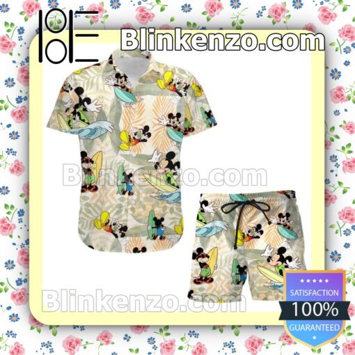 Mickey Mouse Surfing Disney Cartoon Graphics Beige Summer Hawaiian Shirt