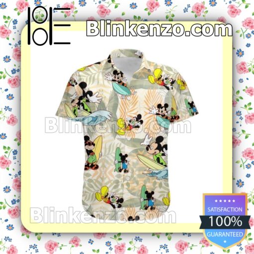 Mickey Mouse Surfing Disney Cartoon Graphics Beige Summer Hawaiian Shirt a