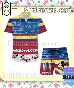 Mickey Mouse Surfing Disney Cartoon Graphics Colorful Stripe Summer Hawaiian Shirt
