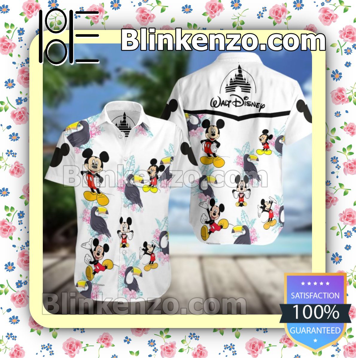 Mickey Mouse Walt Disney White Summer Hawaiian Shirt, Mens Shorts