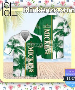 Mickey's Fine Malt Liquor Palm Tree White Green Summer Hawaiian Shirt