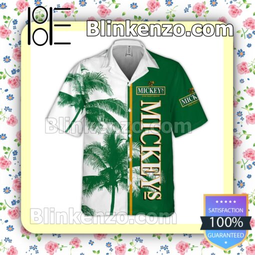 Mickey's Fine Malt Liquor Palm Tree White Green Summer Hawaiian Shirt a