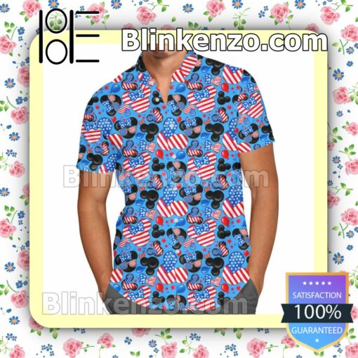 Mickey's Fourth of July Pattern Blue Summer Hawaiian Shirt, Mens Shorts