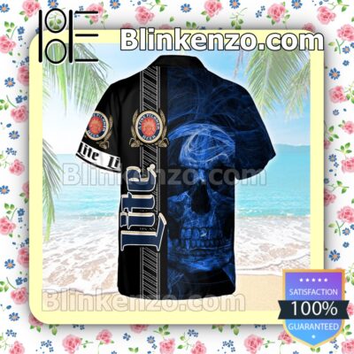 Miller Lite Smoky Blue Skull Black Summer Hawaiian Shirt b
