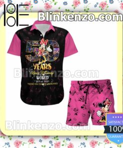 Minnie Mouse 50th Anniversary Glitter Disney Castle Black Pink Summer Hawaiian Shirt, Mens Shorts