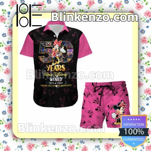Minnie Mouse 50th Anniversary Glitter Disney Castle Black Pink Summer Hawaiian Shirt, Mens Shorts