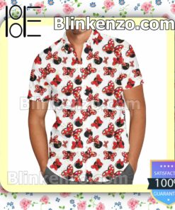 Minnie Mouse Bows Pattern Disney Cartoon Graphics Inspired White Summer Hawaiian Shirt, Mens Shorts