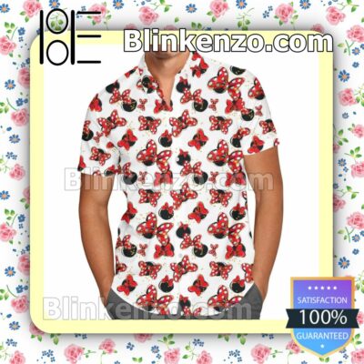 Minnie Mouse Bows Pattern Disney Cartoon Graphics Inspired White Summer Hawaiian Shirt, Mens Shorts