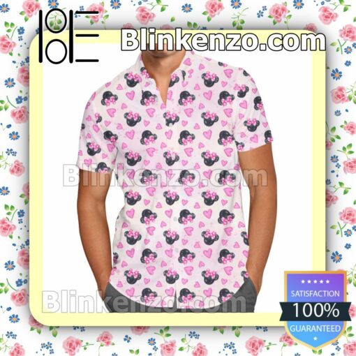 Minnie Mouse Pink Hearts Pattern Disney Cartoon Graphics Summer Hawaiian Shirt, Mens Shorts