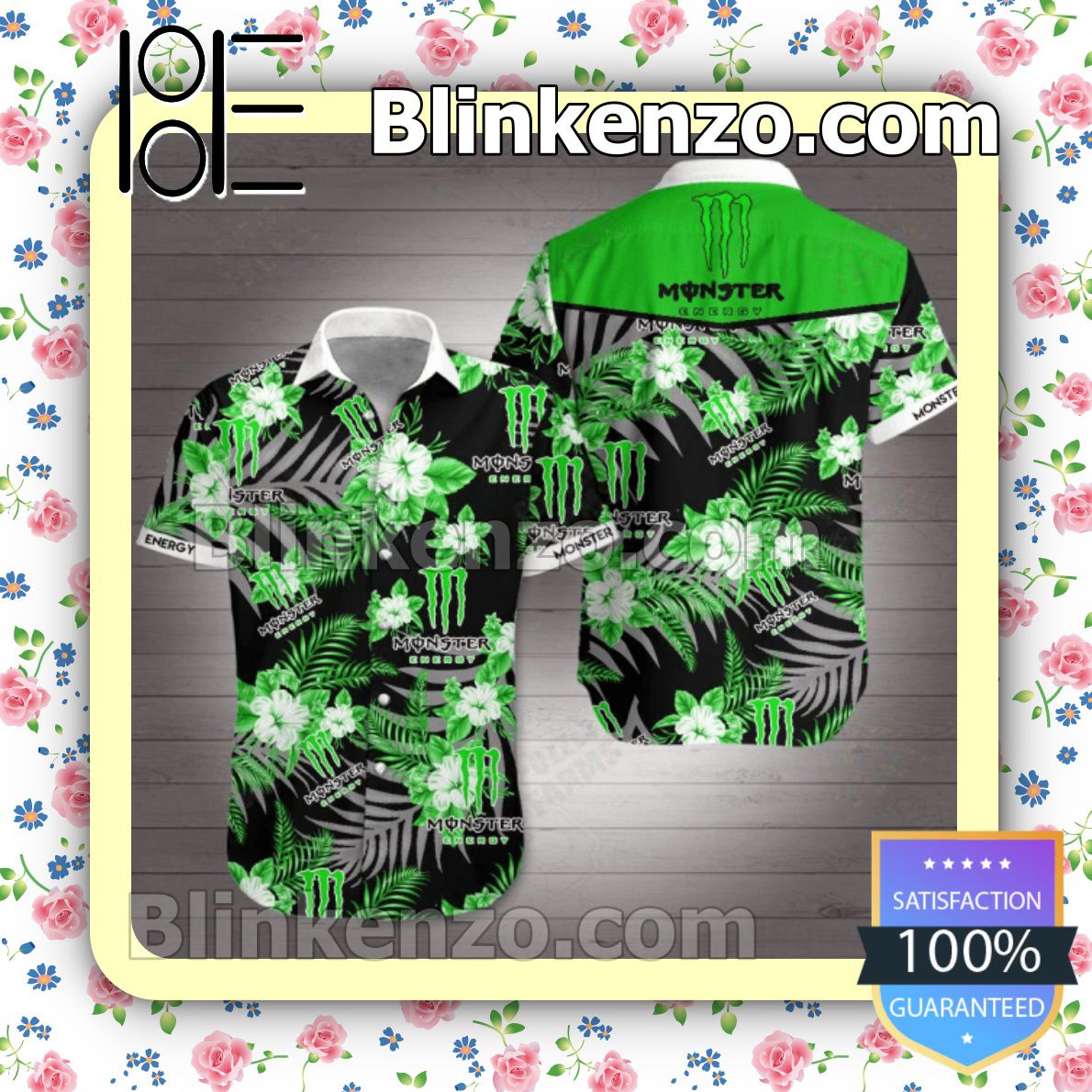 Monster Energy Green Tropical Floral Black Summer Shirts