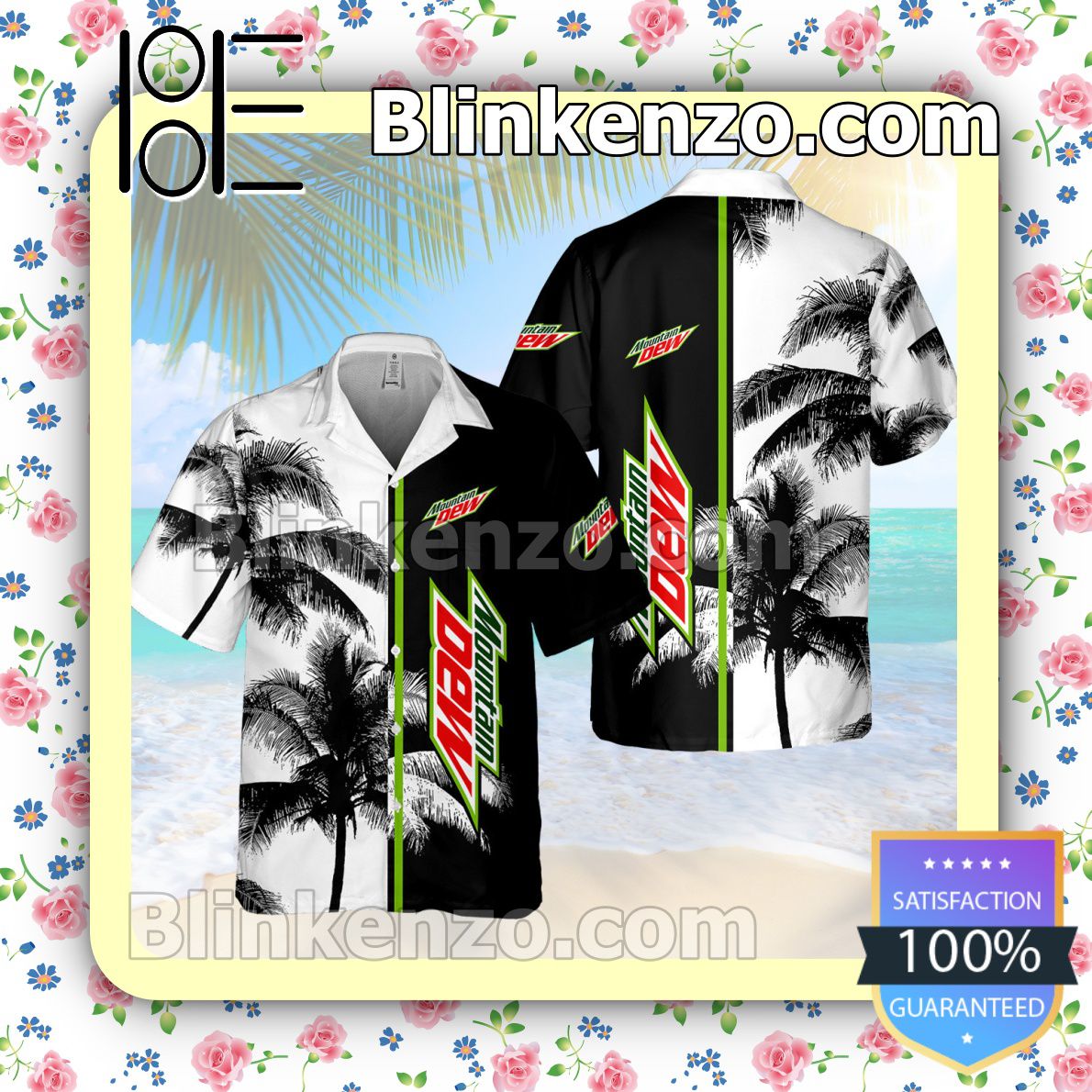 Mountain Dew Palm Tree Black White Summer Hawaiian Shirt, Mens Shorts