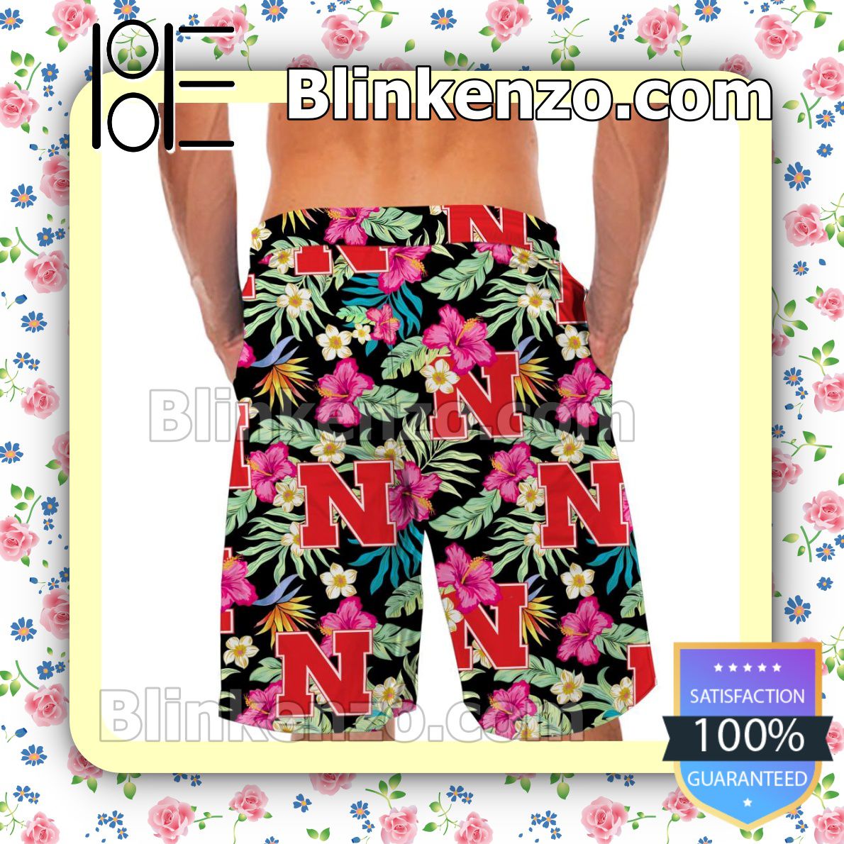 Handmade Nebraska Cornhuskers Hibiscus Mens Shirt, Swim Trunk