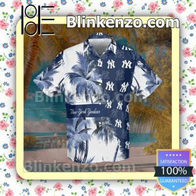 New York Yankees Palm Tree White Cobalt Summer Hawaiian Shirt, Mens Shorts