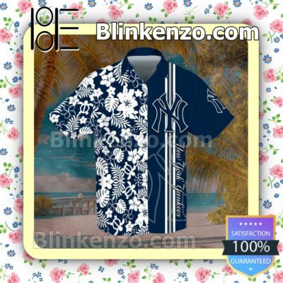 New York Yankees Stripes Flowery Navy Summer Hawaiian Shirt, Mens Shorts