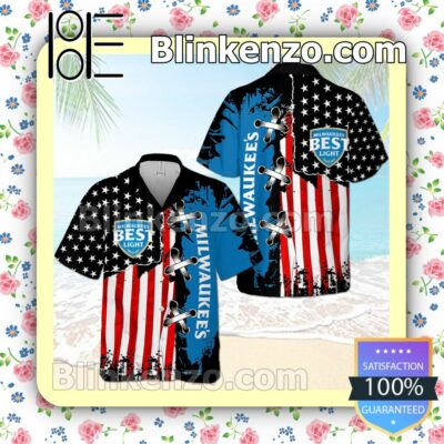 Old Milwaukee's Usa Flag Cross Stitch Black Blue Summer Hawaiian Shirt, Mens Shorts