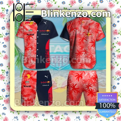 Oracle Red Bull Racing Palm Tree Pattern Red Navy Summer Hawaiian Shirt