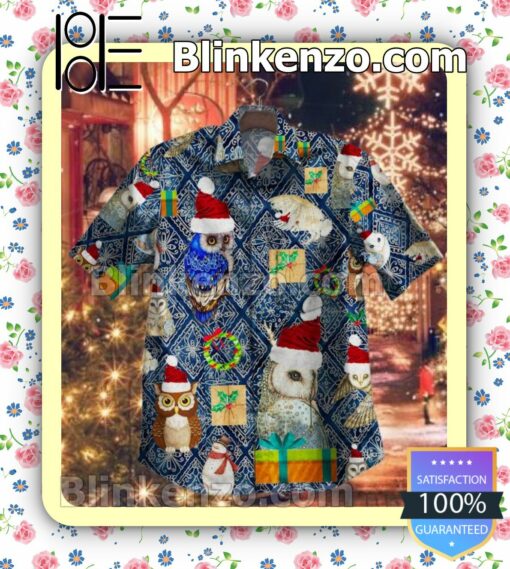 Owl Christmas Diamond Floral Pattern Blue Button-down Shirts