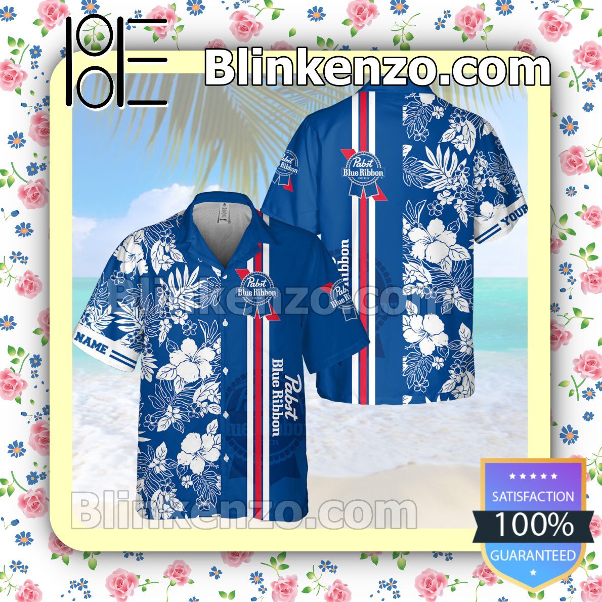 Pabst Blue Bibbon Blue Summer Hawaiian Shirt, Mens Shorts