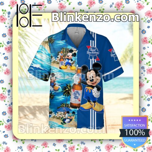 Pabst Blue Ribbon Mickey Mouse Navy Summer Hawaiian Shirt a