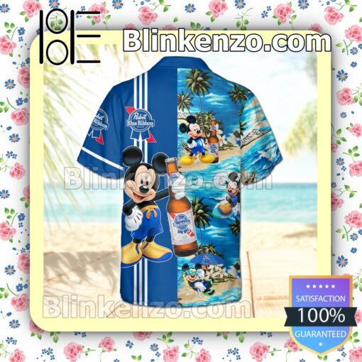 Pabst Blue Ribbon Mickey Mouse Navy Summer Hawaiian Shirt b