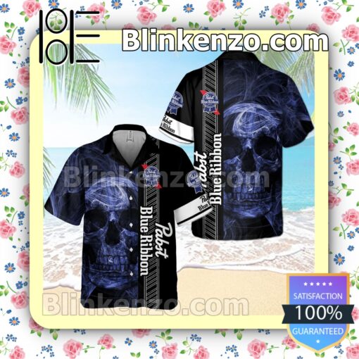 Pabst Blue Ribbon Smoky Blue Skull Black Summer Hawaiian Shirt