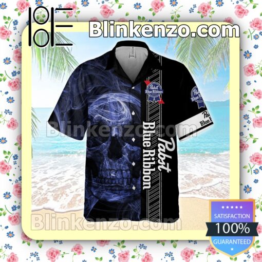 Pabst Blue Ribbon Smoky Blue Skull Black Summer Hawaiian Shirt b