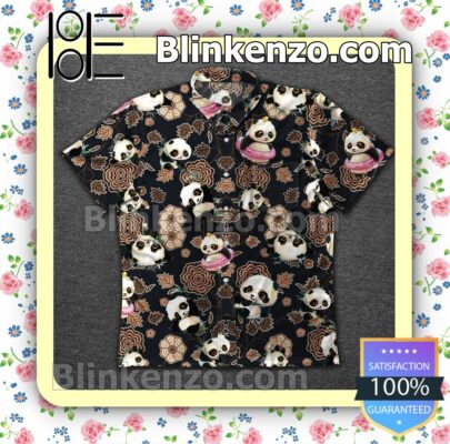 Panda Flower Brown Pattern Black Summer Shirt