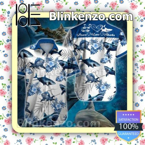 Peace Love Sharks Blue Tropical Floral White Summer Shirt