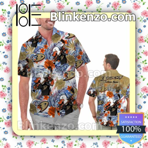 Personalized Anaheim Ducks Tropical Floral America Flag Mens Shirt, Swim Trunk