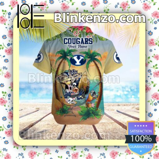 Personalized BYU Cougars Flamingo Parrot Mens Shirt, Swim Trunk a