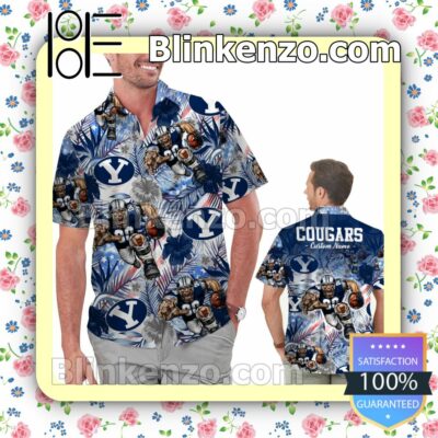 Personalized BYU Cougars Tropical Floral America Flag For NCAA Football Lovers Brigham Young University Mens Shirt, Swim Trunk