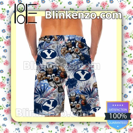 Personalized BYU Cougars Tropical Floral America Flag For NCAA Football Lovers Brigham Young University Mens Shirt, Swim Trunk a
