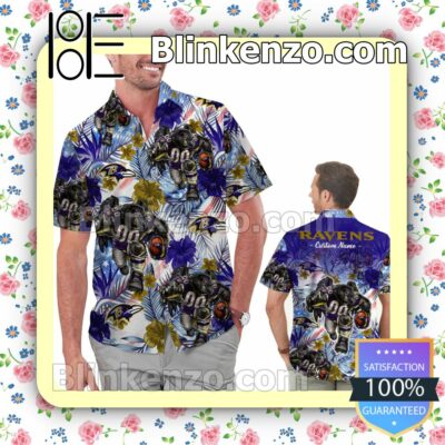 Personalized Baltimore Ravens Tropical Floral America Flag Aloha Mens Shirt, Swim Trunk
