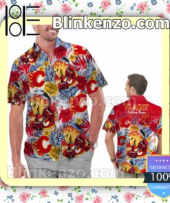 Personalized Calgary Flames Tropical Floral America Flag Mens Shirt, Swim Trunk