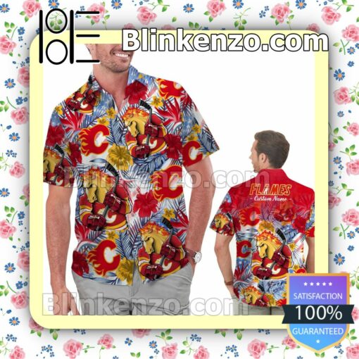 Personalized Calgary Flames Tropical Floral America Flag Mens Shirt, Swim Trunk