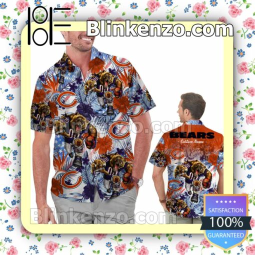 Personalized Chicago Bears Tropical Floral America Flag Aloha Mens Shirt, Swim Trunk